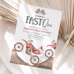 Red watercolor Dirt Bike 1st birthday - Fast one Invitation
