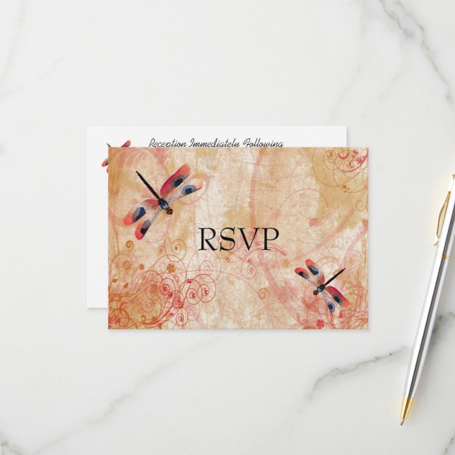 Red Watercolor Dragonflies Wedding Reception RSVP (Front/Back In Situ)