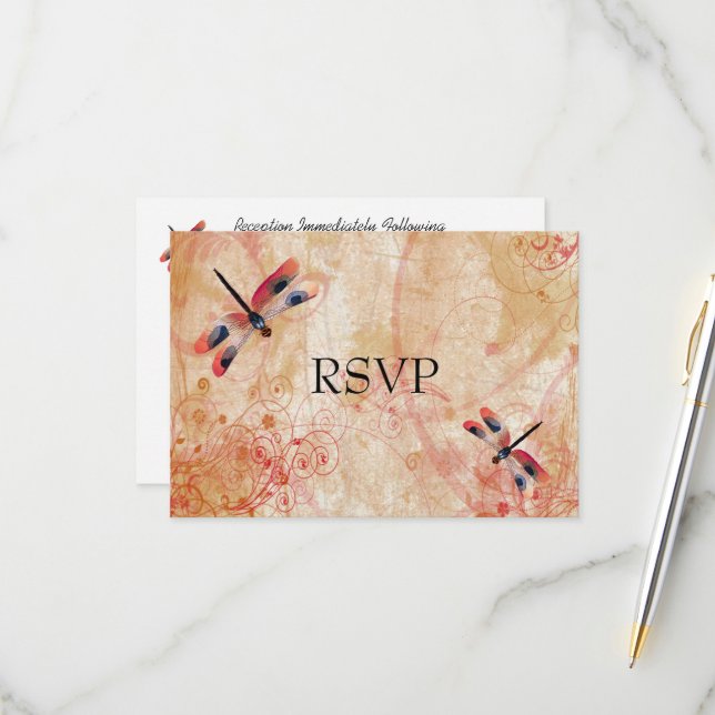 Red Watercolor Dragonflies Wedding Reception RSVP Card (Front/Back In Situ)