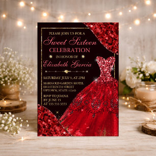 Red Watercolor Dress & Glam Edges Sweet Sixteen Invitation