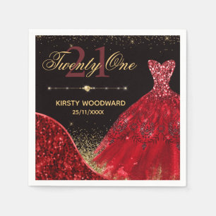 Red Watercolor Dress & red wave Edge 21st Birthday Napkin