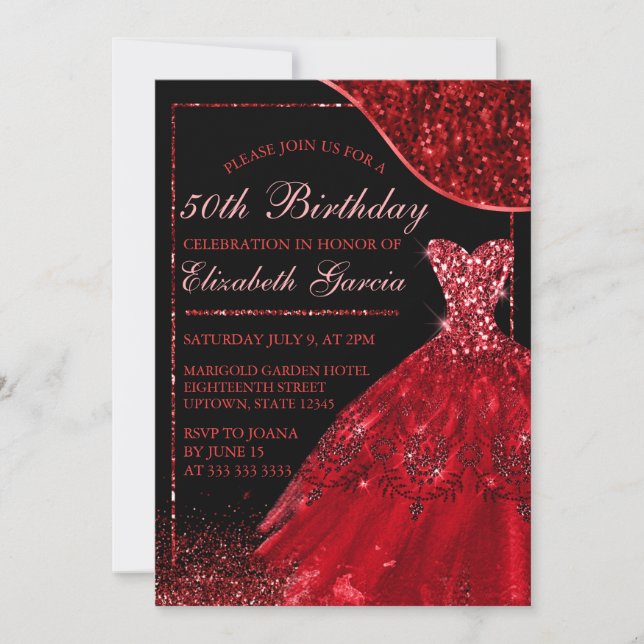 Red Watercolor Dress & red wave Edge Birthday Invitation (Front)
