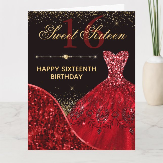 Red Watercolor Dress Sweet 16 Birthday Card (Front)
