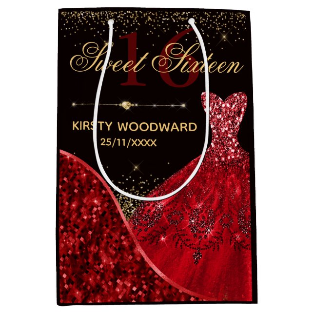 Red Watercolor Dress Sweet 16 Birthday Medium Gift Bag (Front)