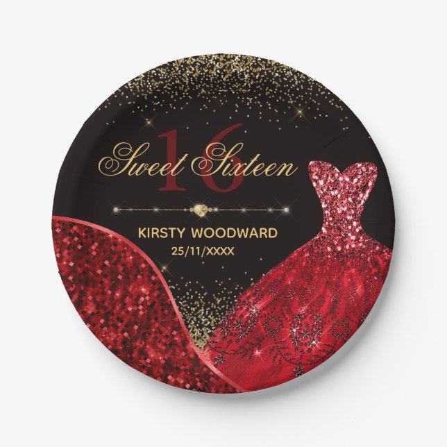 Red Watercolor Dress Sweet 16 Birthday Paper Plate (Front)