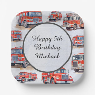 Red Watercolor Firetruck Engine Kid Birthday Party Paper Plate