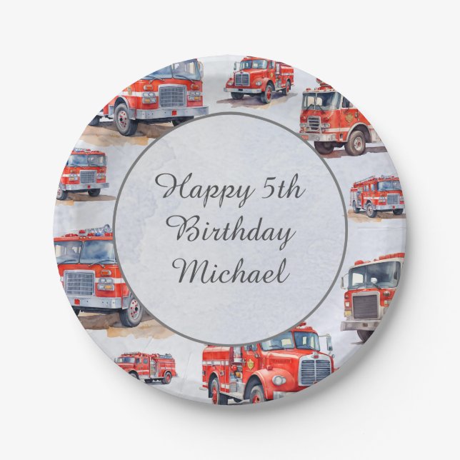 Red Watercolor Firetruck Engine Kid Birthday Party Paper Plate (Front)