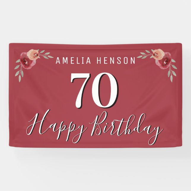 Red Watercolor Floral 70th Birthday Banner (Horizontal)