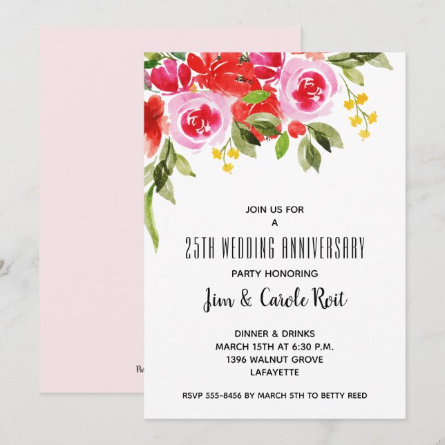 Red Watercolor Floral Anniversary Invitation (Front/Back)