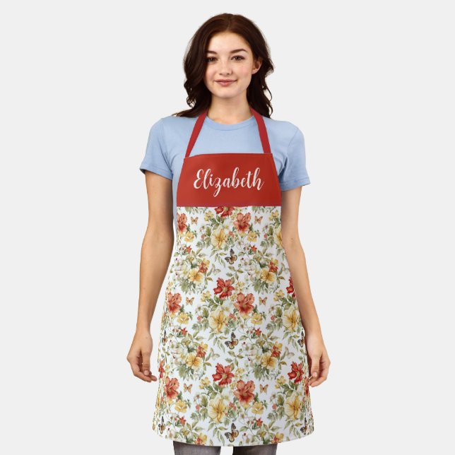 Red Watercolor Floral Custom Name Apron (Worn)