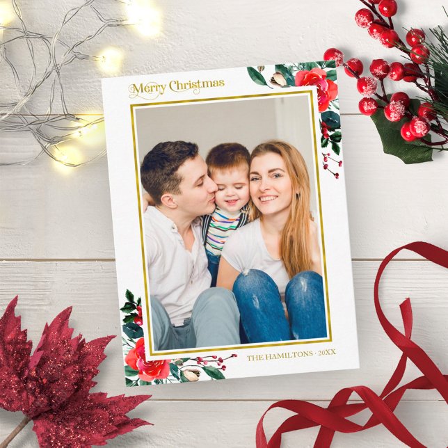 Red Watercolor Floral Merry Christmas Photo Postcard (Creator Uploaded)