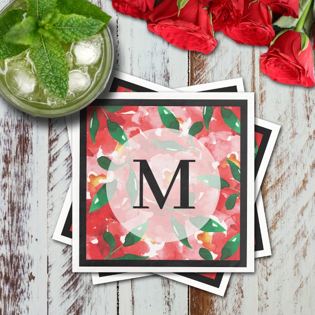 Red Watercolor Floral Monogram Napkin (Red roses floral cocktail napkins with black border and monogram)