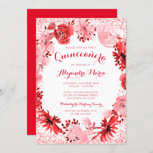 Red Watercolor Floral Quinceanera Invitation