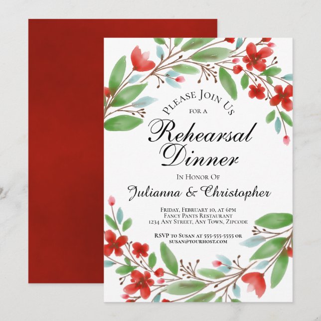 Red Watercolor Floral Rehearsal Dinner Invitation (Front/Back)