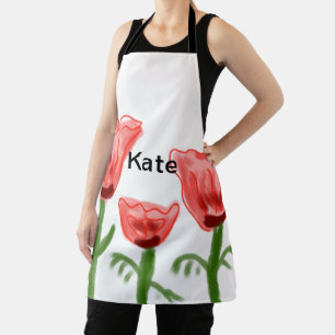 Red watercolor floral watercolor add name text thr apron