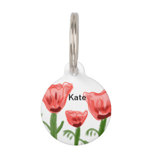 Red watercolor floral watercolor add name text thr pet tag