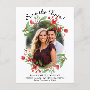 Red Watercolor Floral Wedding Save the Date Photo Invitation Postcard