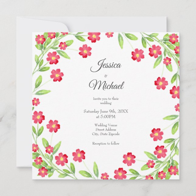 Red Watercolor Floral Wreath Invitation (Front)