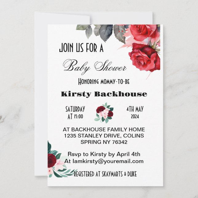 Red Watercolor Flower Baby Shower Invitation (Front)