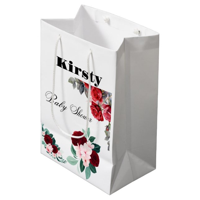 Red Watercolor Flower Baby Shower Medium Gift Bag (Front Angled)