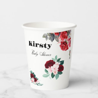 Red Watercolor Flower Baby Shower Paper Cups