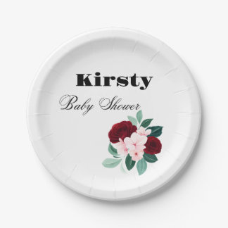 Red Watercolor Flower Baby Shower Paper Plate