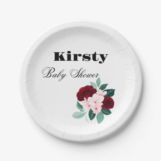 Red Watercolor Flower Baby Shower Paper Plate (Front)