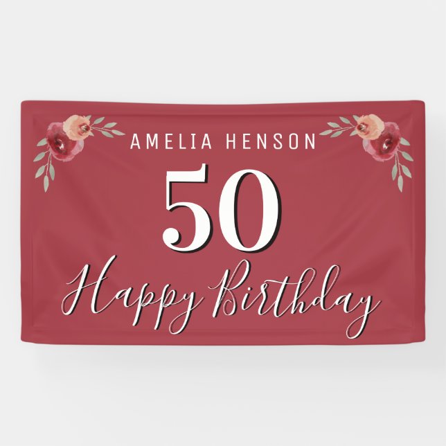 Red Watercolor Flower Floral 50th Birthday Banner (Horizontal)