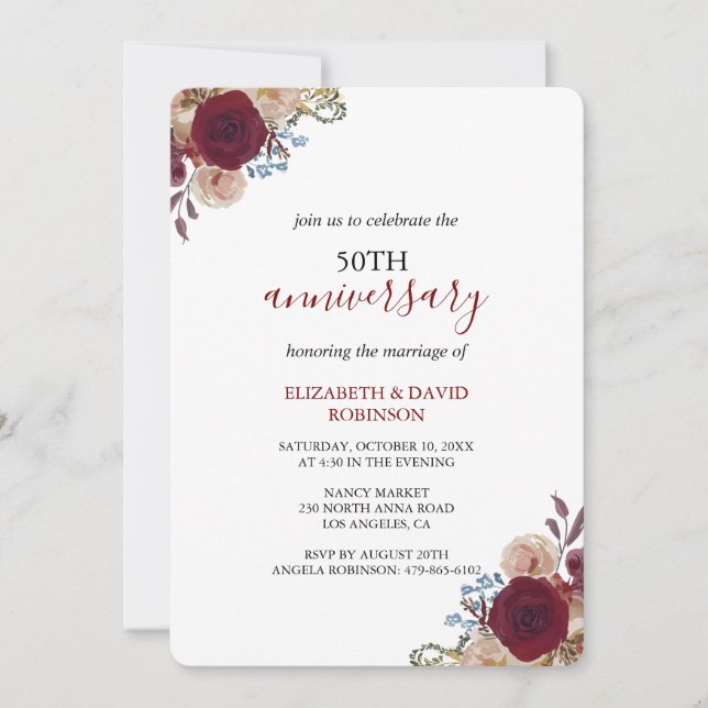 Red watercolor flowers 50th anniversary wedding invitation (Front)