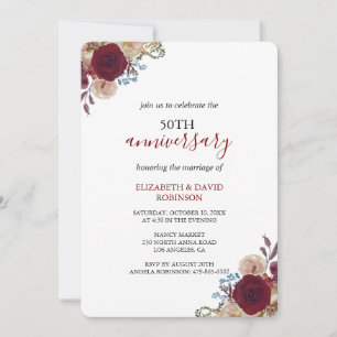 Red watercolor flowers 50th anniversary wedding invitation
