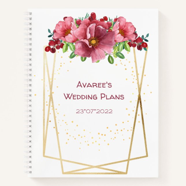 Red Watercolor Flowers Gold Geometric Frame Notebook (Front)