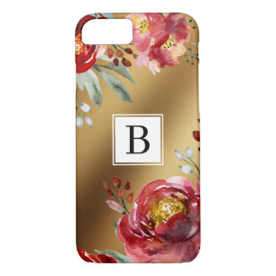 Red Watercolor Flowers on Gold Monogram iPhone 8/7 Case