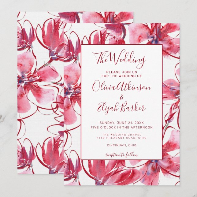 Red Watercolor Flowers Wedding Invitation (Front/Back)