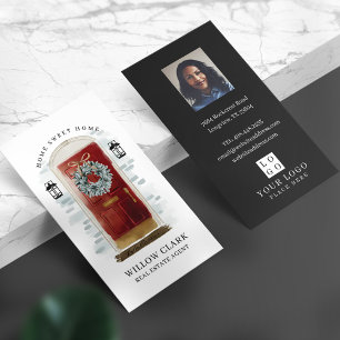 Red Watercolor Front Door Wreath Photo & Logo Business Card