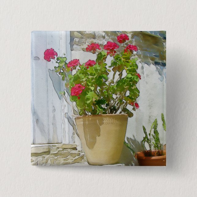Red watercolor geranium 15 cm square badge (Front)