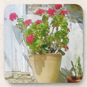 Red watercolor geranium coaster