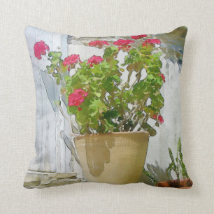 Red watercolor geranium cushion