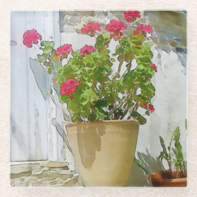 Red watercolor geranium glass coaster (Front)