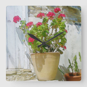 Red watercolor geranium square wall clock