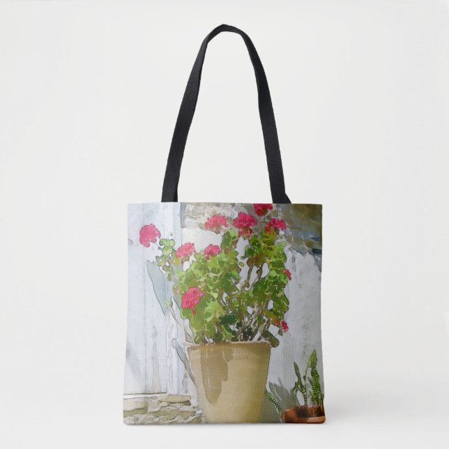 Red watercolor geranium tote bag (Front)