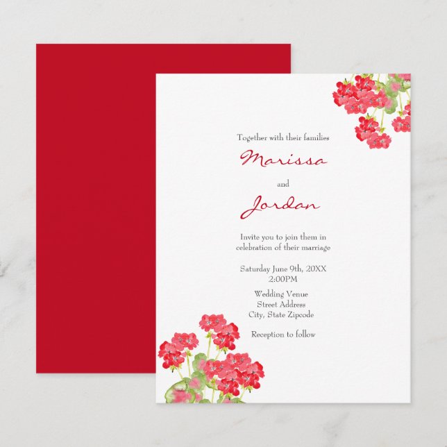 Red Watercolor Geraniums 2 Invitation (Front/Back)