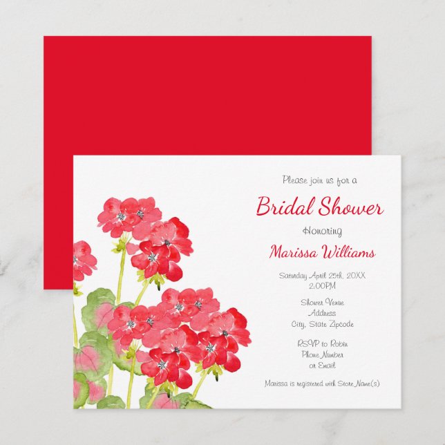 Red Watercolor Geraniums 2 Invitation (Front/Back)