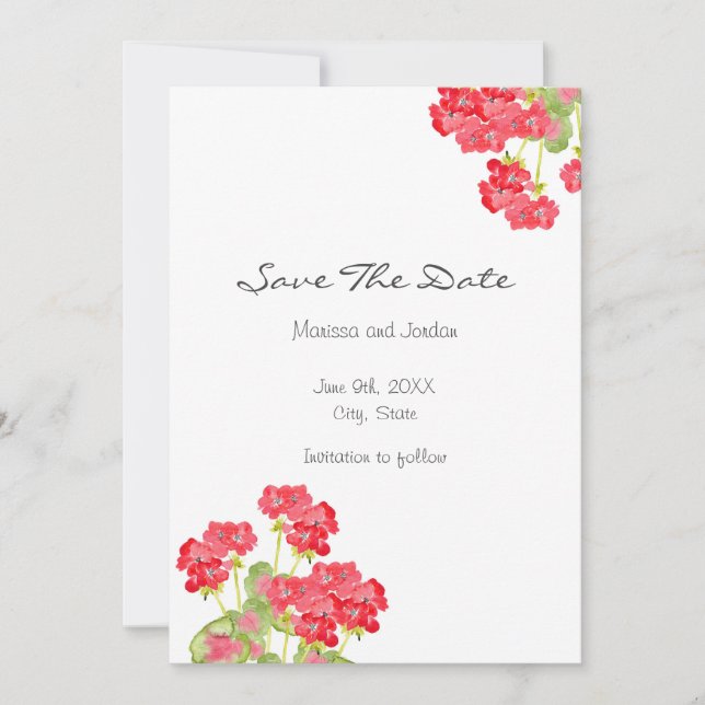 Red Watercolor Geraniums 2 Save The Date (Front)