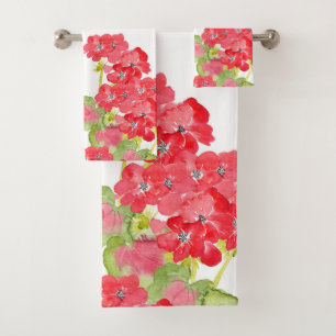 Red Watercolor Geraniums Bath Towel Set