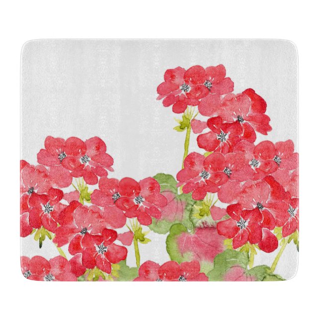 Red Watercolor Geraniums Cutting Board (Front)