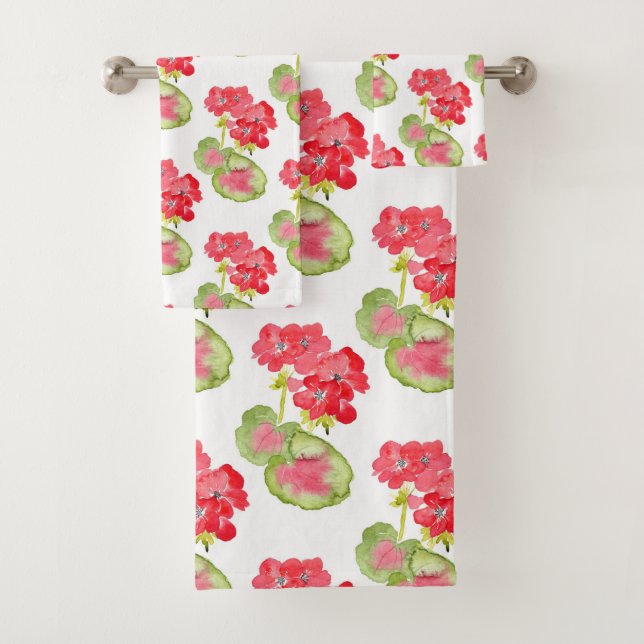 Red Watercolor Geraniums Pattern Bath Towel Set (Insitu)