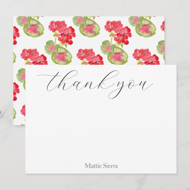 Red Watercolor Geraniums Pattern Thank You Card (Front/Back)