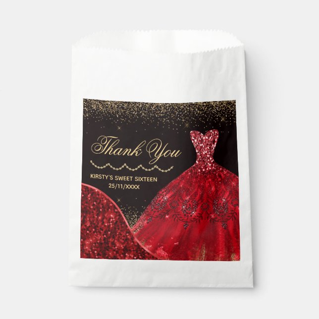 Red Watercolor Glitter Dress Sweet 16 Favour Bags (Front)