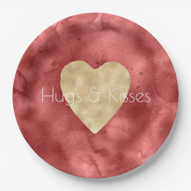Red Watercolor Gold Heart       Paper Plate (Front)