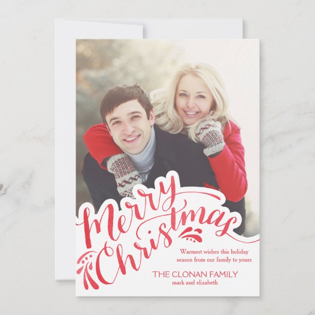 Red Watercolor Hand Lettered Merry Christmas Holiday Card (Front)